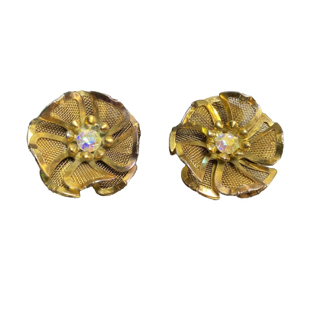 VTG Mesh Floral Clip Earrings Signed BED 1960s Aurora Borealis Rhinestone Center